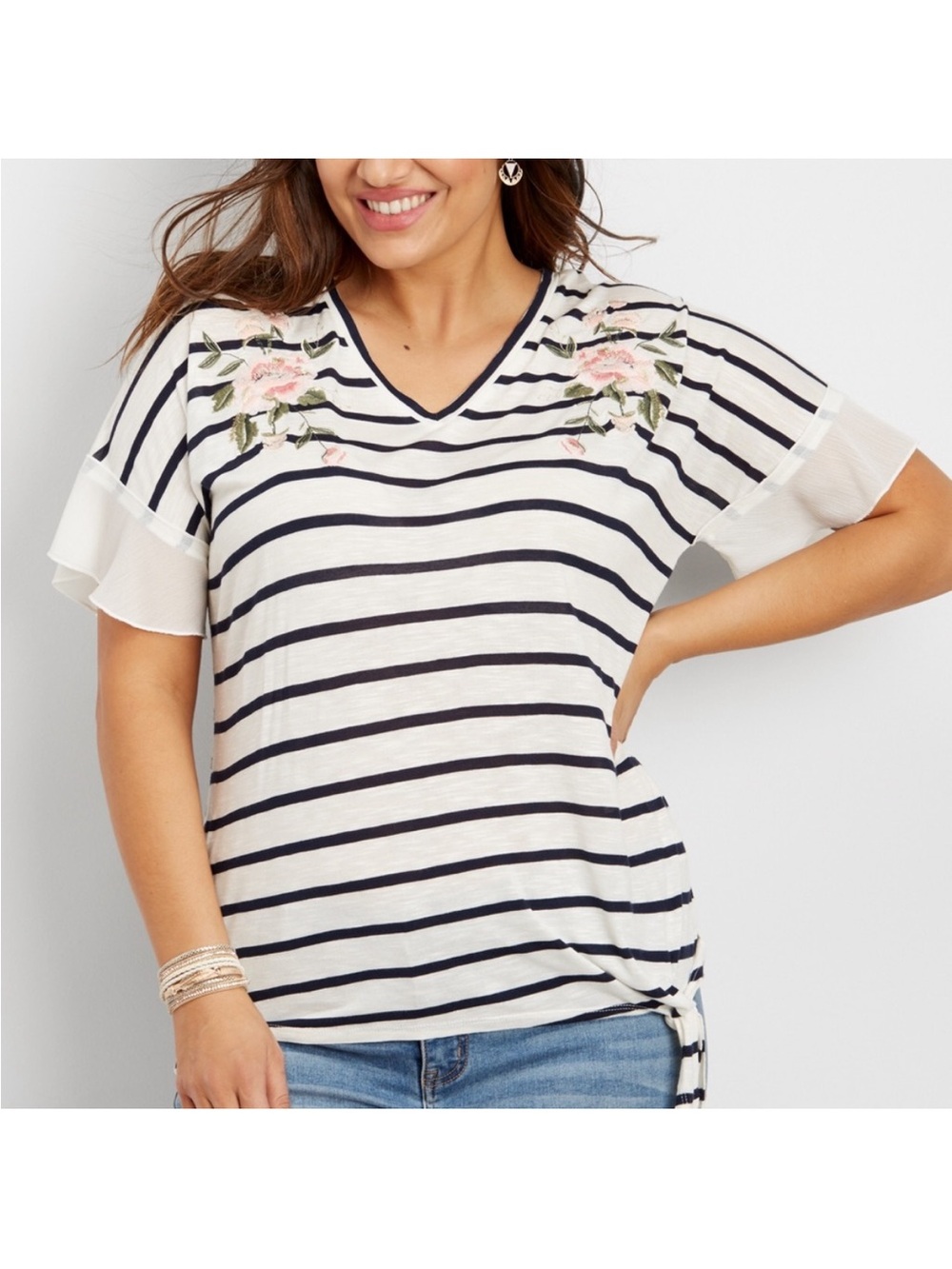 Maurices White and Navy Striped V-Neck Top Pink Floral Embroidery Lightweight